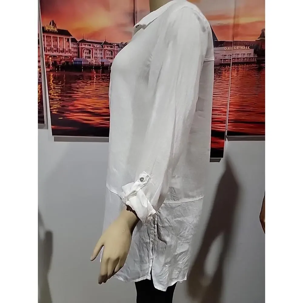 Tahari 100% Linen White Size M Roll-tab Sleeves Button Down Shirt Tunic Top #C - Picture 7 of 12